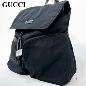 1円【美品】GUCCI グッチ リュックサック バックパック 巾着 ロゴ シルバー金具 ナイロン ブラック 正規品 A4 大容量 メンズ レディース