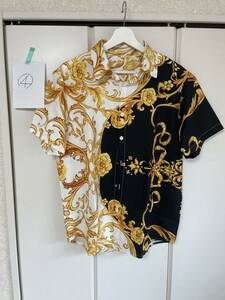 ④ ドレス シャツ 半袖 M VERSACE ヴェルサーチ ベルサーチ 風 柄シャツ Yシャツ 派手 バロック アニマル 総柄 チェーン柄