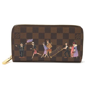 LOUIS VUITTON ルイヴィトン ジッピー・ウォレット N63004 長財布 ダミエ・エベヌ×レザー ブラウン×ヴィオレ イリュストレ レディース