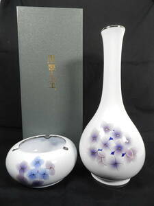 [C2235]未使用 黒翠七宝 紫陽花 花瓶&灰皿 華道具 インテリア 工芸品 共箱