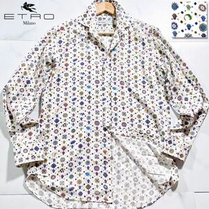 極美品/Lサイズ相当●エトロ ETRO 長袖シャツ 羽織り コットン 総柄 ペイズリー マルチカラー 万華鏡風 幾何学模様 カラフル 白 イタリア製