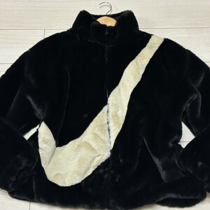 極美品/XLサイズ相当●ナイキ スウッシュ フェイクファージャケット ブルゾン ブラック 黒 NSW PLUSH JACKET プラッシュ ふわふわ