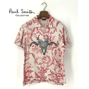 A8743/春夏 Paul Smith collection ポールスミス 半袖 花柄 総柄 ビッグ ロゴ プリント 襟付き Tシャツ カットソー L ピンク メンズ