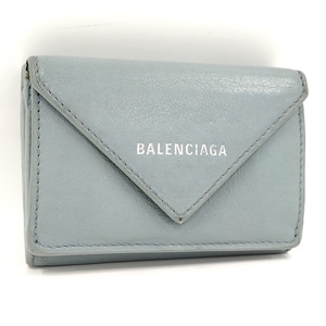 【中古】BALENCIAGA 三つ折り財布 ペーパーウォレット レザー 水色 391446