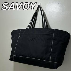 【SAVOY】サボイ 大型 横型 ナイロン トート ハンドバッグ 大容量 手持ち 小旅行 かばん モノグラム ロゴライナー 黒 ブラック