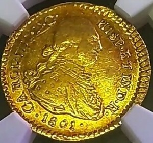 【最高鑑定】1801P カルロス4世 エスクード 金貨 コロンビア ポパヤン造幣局 NGC AU58 人気 アンティーク コイン 