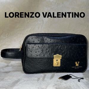 ◆LORENZO VALENTINO ロレンツォヴァレンティノ セカンドバッグ クラッチバッグ　オーストリッチ型押し　レザー 黒 ゴールド金具 ◆鍵付き