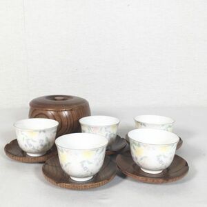 【美品/茶器5客／茶托5枚】庫山窯 茶器 湯呑 茶器セット 花柄 金彩