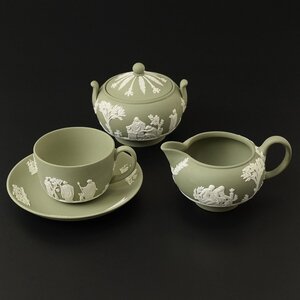 ◎517170 WEDGWOOD ウェッジウッド ジャスパー セージグリーン ダンシングアワー シュガーポット・クリーマー・カップ&ソーサー SET