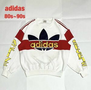 【希少】adidas　アディダス　スウェット　トレフォイルロゴ　デサント社　銀タグ　ビッグロゴ　袖デザイン　3本ライン　80s　90s　VINTAGE