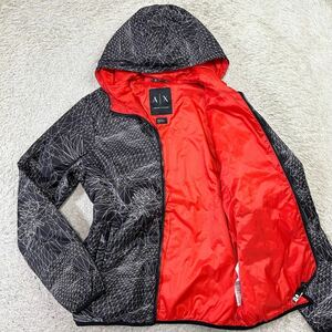 未使用級!!!アルマーニエクスチェンジ【最高級の逸品】ARMANI EXCHANGE ダウンジャケット　アウター　総柄　ブラック　レッド　S〜M位