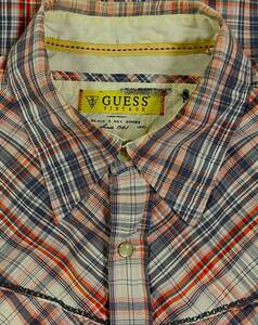 新春セール　GUESS 白灰オレンジのチェック 長袖ウエスタンシャツ M(US-FIT) USA輸入本場アメリカン古着 H-249