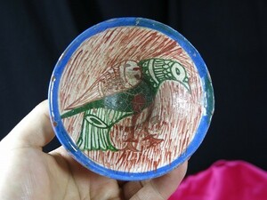 B　白地多彩鳥文小碗　アフガニスタン　１５世紀　遺跡発掘品　陶器　イスラム陶器　本物