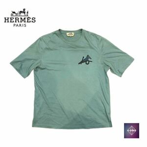 HERMES エルメス ミニレザーパッチ Tシャツ 半袖 トップス XS ターコイズ セラドン グリーン ブルー メンズ 【中古】