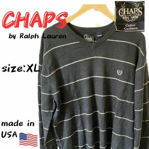 90s〜 CHAPS RalphLauren ニット ネイビー ボーダー　ラルフローレン　セーター 長袖 Vネック