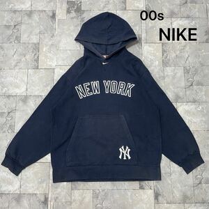 00s NIKE ナイキ MLB NEW YORK ヤンキース sweat スウェット パーカー 刺繍ロゴ ベースボール USA企画 ナスコン ネイビー サイズM 玉FL3759