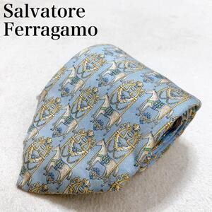 Salvatore Ferragamo サルヴァトーレフェラガモ ネクタイ イタリア製 総柄 動物 馬 シルク 高級感 エレガント ビジネス スーツ ブルー V96