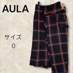 美品 アウラ AULA チェック柄 巻きスカート風 青、オレンジ、ブラウン【0】