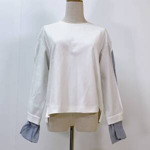 S1555 human woman レディース カットソー 長袖 人気 M 白 無地 上品 エレガント クリーンなホワイトスタイル 日本製 青 袖ストライプ