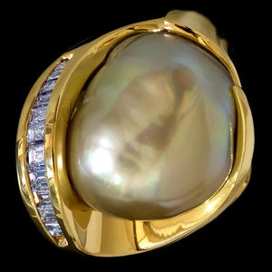 A3244 美しい大粒ケシパール 天然絶品ダイヤモンド 最高級14金無垢セレブリティビックリング