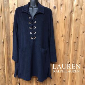 LAUREN＊RALPH LAUREN ラルフローレン レディースM 長袖ワンピース チュニック タオル地 ネイビー ロゴ刺繍 ルームウェアにも ガーリー