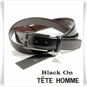 新品1円～★定価0.9万 Black On TETE HOMME テットオム 牛革レザー ビジネスベルト フリーサイズ 本革 黒 ブラック 本物◆4926◆