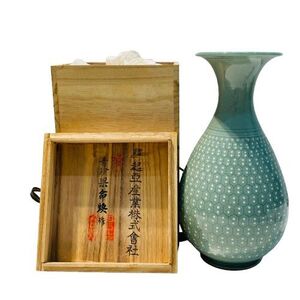 【青珍】青珍粱命煥 花瓶/花器 青磁 華道具 茶道具 共箱付き★53543