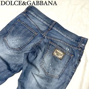 【美品】ドルチェ&ガッバーナ DOLCE&GABBANA ロゴプレート ダメージ加工 デニムパンツ メンズ ジーパン 