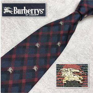 ■美品■Burberrys バーバリー　ネクタイ　チェック　ホースマークロゴ刺しゅう　総柄　シルク100% ネイビー×レッド　ビジネス