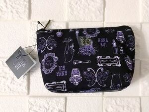 新品 タグ付き ★ ANNA SUI アナスイ コスメ柄 化粧ポーチ ブラック×パープル ★ 小物入れ コスメポーチ バタフライ 猫 プレゼントにも