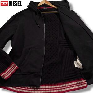 極美品/XXLサイズ●DIESEL ディーゼル ニット切替 ドッキング パーカー ジップ ジャケット ストレッチ ケーブル編み 手洗い可◎ 3L