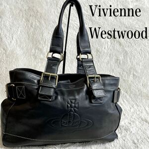 美品 Vivienne Westwood デカオーブ オールレザー トートバッグ ステッチ ヴィヴィアンウエストウッド ショルダーバッグ ハンドバッグ 黒