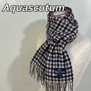 【Aquascutum】アクアスキュータム イングランド製 羊毛 ウール ギンガムチェック柄 マフラー フリンジ付き ユニセックス MADE IN ENGLAND