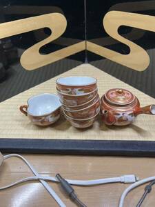 煎茶道具　明治期　九谷焼　赤絵　金襴手　煎茶器揃　宝瓶　泡瓶　急須　箱入り