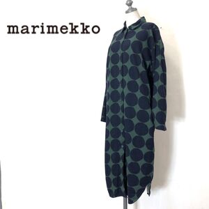 1D2227-G-S◆ marimekko マリメッコ UNIQLO シャツワンピース ミドル丈 ロングシャツ ◆ sizeXS グリーン ネイビー ドット ビスコース 綿