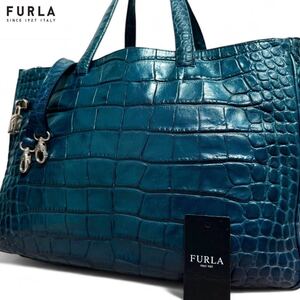 極美品●入手困難色●FURLA フルラ 2way クロコ 型押し トートバッグ ビジネスバッグ ショルダー 肩掛け 大容量 A4可 ブルー メンズ 通勤鞄