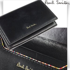 未使用1円～★ポールスミス Paul Smith 牛革レザー名刺入れ カードケース 黒 ブラック マルチストライプ カードケース 本物 ◆2537◆