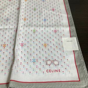 新品★セリーヌ 大判レディースハンカチ 約50cm 縁グレー赤ライン メガネ刺繍入り