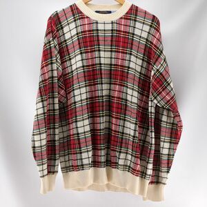 トミー ヒルフィガー　長袖ニット　サイズ Ｌ　チェック　ホワイト　レッド　メンズ　TOMMY HILFIGER　古着　中古　◆3114/高洲店