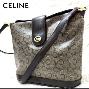 1円【美品】CELINE セリーヌ ショルダーバッグ バケツ型 Cマカダム 馬車金具 ゴールド金具 レザー 斜め掛け ブラウン オールドセリーヌ