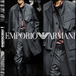 伊製コレクションモデル■新品20万【EMPORIO ARMANI】シャドウチェックライダースZIP付ウールステンカラーコート50/XLエンポリオアルマーニ