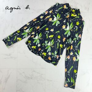 美品 agnes b. アニエスベー 総柄シャツ 花柄 長袖カットソー トップス レディース 黒 ブラック サイズ3*RC1169