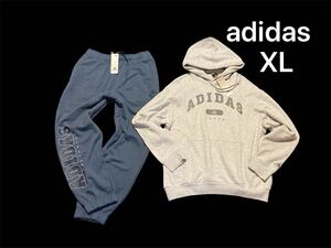 新品 正規品【adidas】アディダス スウェットパーカー＆パンツ◆セットアップ◆XL◆グレー×ブルー◆スウェット 上下セット