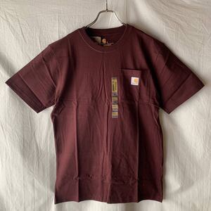 未使用 US規格 Carhartt カーハート ポケT ワンポイント Tシャツ PRT ワイン ポート ボルドー S 検 ヴィンテージ OLD 100%COTTON ３