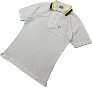 FRED PERRY ☆ オールド フレッドペリー 半袖 ポロシャツ ホワイト 緑 黄色 リブライン スリム L メンズ 春夏 スポーツ アメカジ ■S3875