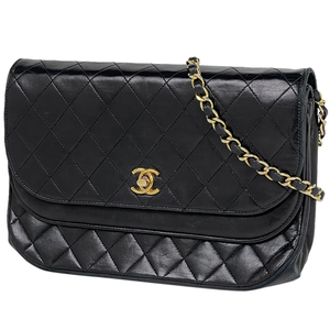 シャネル CHANEL ココマーク チェーン ショルダーバッグ マトラッセ Wフラップ レザー ブラック レディース 【中古】