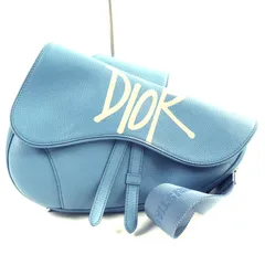 【ドンドン見直し】極美品△DIOR ディオール オム SHAWN STUSSY ステューシー ロゴ入り レザー ショルダーバッグ サドルバッグ ブルー イタリア製 保存袋付き メンズ オススメ◎