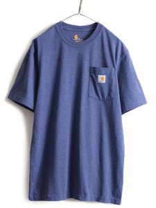 ■ カーハート クルーネック ポケット付き 半袖 Tシャツ ( メンズ M ) 古着 ヘビーオンス ポケT ロゴT CARHARTT ワンポイント ブルー 青 紫