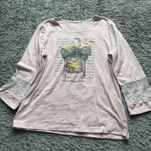 袖部分レースパヒュームプリント七分袖 TシャツピンクM☆used48