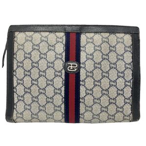 希少金具 GUCCI PLUS オールドグッチプラス 60~70s セカンド バッグ クラッチ GGスプリーム PG GP ロゴ PVC レザー ブルー シェリーライン